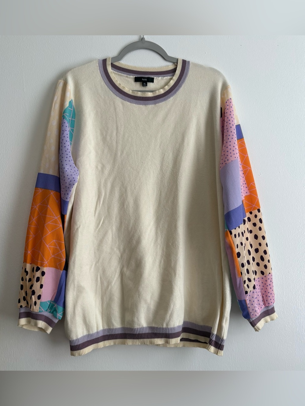 FATE Ivory Geometric Knit Pullover Sweater Women’s Plus 1X Crew Neck Rib Trim